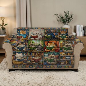Library Cats Quilted Sofa Cover, Reading Kittens Furniture Protector, Book Lover Luxury Sofa Cover, Whimsical Pet Cat Library Slipcover