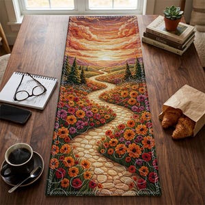 Autumn Sunset Quilted Table Runner, Orange Flower Path Table Decor, Fall Landscape Patchwork Quilt, Warm Harvest Dining Room Home Decor