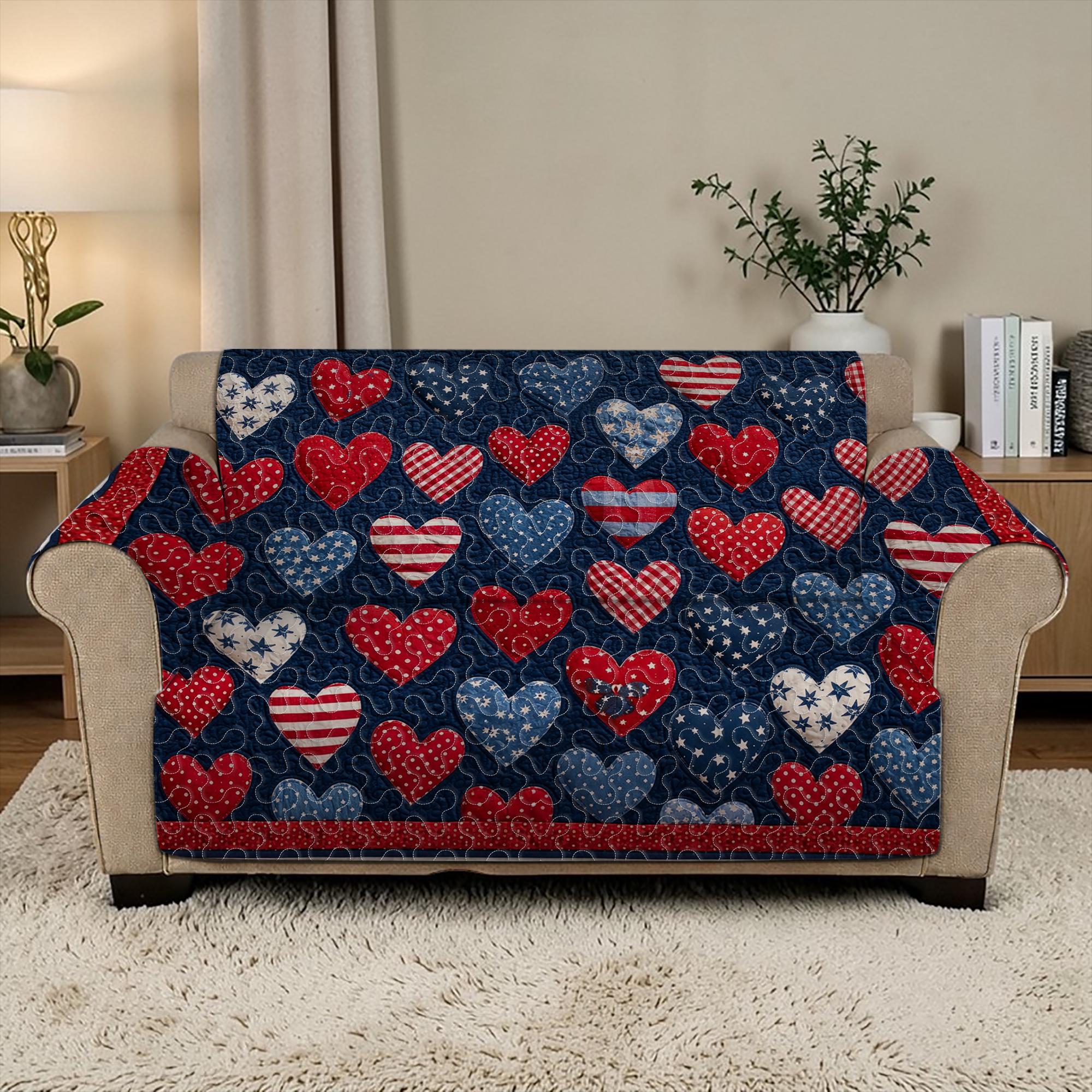 Discover Quilted Sofa Cover American Hearts Pattern, Luxury Sofa Cover Patriotic Furniture Protector, Sofa Seat Cover Country Style Red White Blue