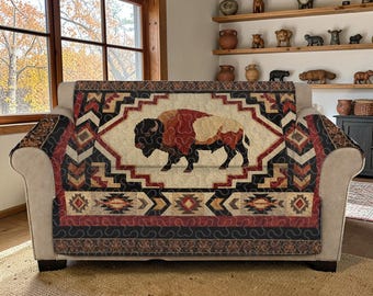 American Bison Quilted Sofa Cover, Western Buffalo Tribal Couch Throw, Luxury Sofa Cover, Rustic Native Style Living Room Decor Protector