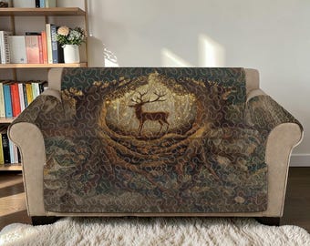 Funda acolchada para sofá con diseño de ciervo del bosque encantado, protector de sofá mágico con diseño de ciervo del bosque, manta de lujo para muebles con temática de naturaleza, decoración personalizada para sofá con diseño de fauna silvestre.