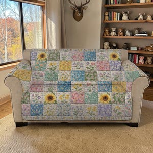 Pastel Wildflower Quilted Sofa Cover, Multi Color Floral Furniture Protector, Luxury Spring Garden Custom Sofa, Colorful Meadow Couch Decor