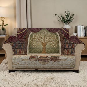Enchanted Library Tree Quilted Sofa Cover, Green Woodland Luxury Couch Protector, Cozy Reading Nook Furniture Cover, Vintage Book Sofa Decor