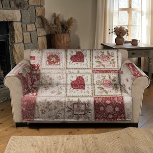 French Country Rose Quilted Sofa Cover, Red Heart Floral Furniture Protector, Luxury Sofa Cover, Botanical Patchwork Pink Sofa Seat Cover