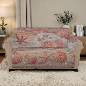 Seaside Shells Quilted Sofa Cover, Sand & Surf Furniture Protector, Luxury Sofa Cover, Coastal Starfish Custom Sofa Seat Cover Slipcover