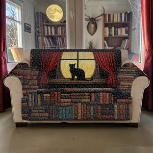 Funda acolchada para sofá con diseño de gato negro y estantería, protector de muebles para ventana con luz de luna, decoración de sofá personalizada de lujo para bibliotecarios, manta gótica para sofá de biblioteca.