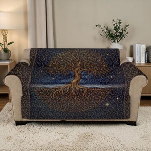 Könnte beinhalten: Ein Sofa mit einer dunkelblauen Hülle mit einem detaillierten Baumdesign. Der Baum hat braune Äste und Wurzeln mit einem blau-weißen Hintergrund. Die Hülle hat ein sich wiederholendes Muster aus wellenförmigen Linien und Sternen.