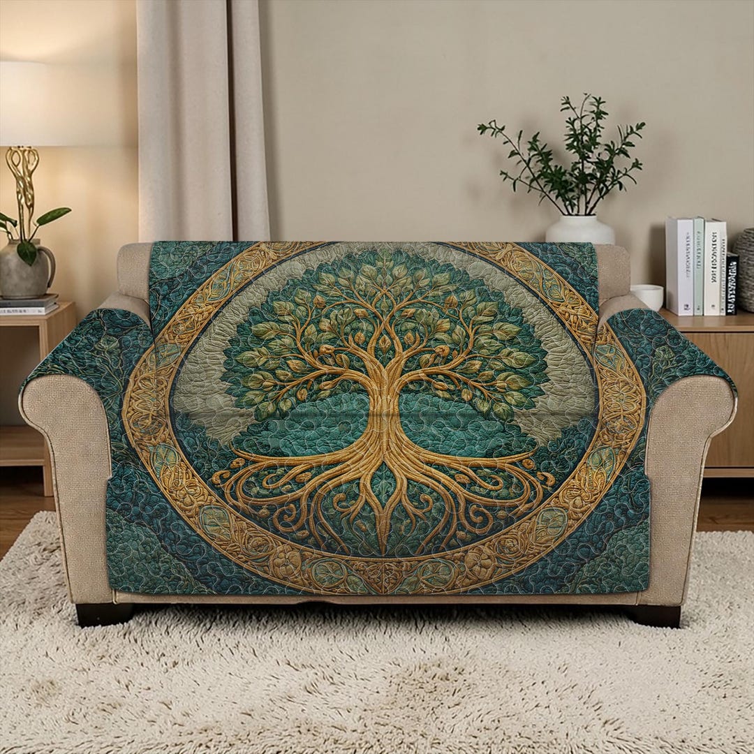 Tree of Life Quilted Sofa Cover, Celtic Teal and Gold Couch Throw ...