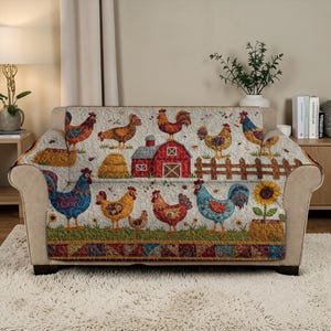 Puede incluir: Una funda de sofá acolchada con una escena de granja. Presenta gallos coloridos, un granero rojo, una valla de madera y un girasol. La funda tiene un fondo beige y un borde decorativo.