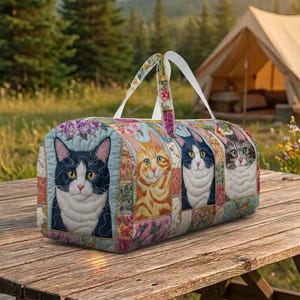 May include: A quilted duffel bag featuring four cat portraits. The bag has a floral pattern with white handles. The cats are a mix of black and white, orange tabby, and gray tabby. The bag is sitting on a wooden picnic table.