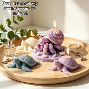 May include: A silicone mold set for creating candles shaped like a hermit crab and three sea turtles. The text "Please Note: Mold only. Finished product not included." is visible. The set includes detailed molds for a hermit crab with a shell and three distinct turtle designs, allowing for the creation of animal-themed wax figures.