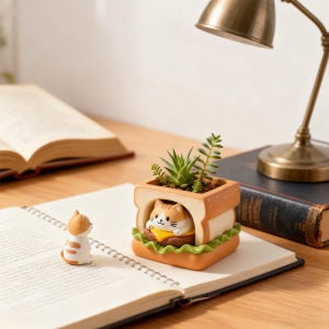 May include: A whimsical cat-themed planter shaped like a sandwich, with a small succulent plant on top. The planter features a cute cat figurine inside, with a burger and lettuce. A small cat figurine is next to the planter.