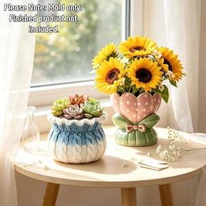 May include: A silicone mold for a planter with a cable knit texture and a separate mold for a scalloped vase with a bow detail. Text reads: Please Note: Mold only. Finished product not included. The molds are for creating decorative containers.