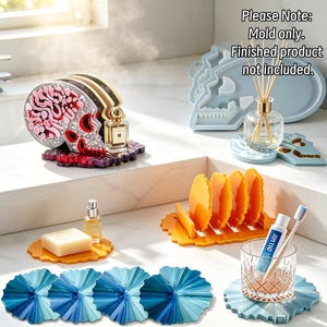 May include: A collection of silicone molds for resin casting, including skull-shaped, scalloped, and circular designs. Text on the image reads: Please Note: Mold only. Finished product not included. Various colorful resin coasters and holders are displayed.