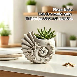 May include: A light gray seashell-shaped silicone mold featuring embossed starfish and coral textures. The text "Please Note: This is a mold only, finished product not included." is visible. A green succulent is placed inside the mold.