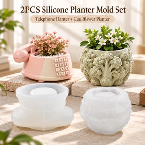 May include: A 2PCS Silicone Planter Mold Set featuring a telephone planter mold and a cauliflower planter mold. The set includes a pink telephone-shaped planter with small pink flowers and a light green cauliflower-shaped planter with white flowers.