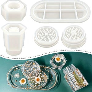 5Pcs Hexagon Herb Grinder Oval Tray Silicone Resin Mold Set, Reusable Epoxy Molds for DIY Spice Storage Jar Home Decor Handmade Gift Ideas
