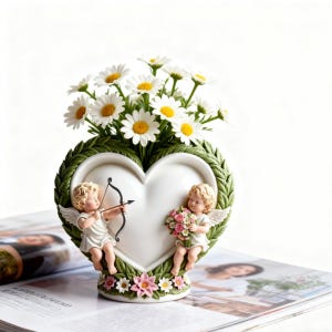 May include: A heart-shaped vase with a white interior and green trim, featuring two cherub figurines. One cherub holds a bow and arrow, the other a bouquet of flowers. The vase is filled with white daisies with yellow centers.