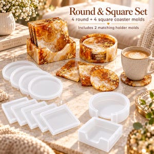May include: A set of silicone coaster molds including four round and four square molds, plus two matching holder molds. The set is displayed alongside finished amber and gold-flecked resin coasters in square and round holders, with text reading Round & Square Set, 4 round + 4 square coaster molds, Includes 2 matching holder molds.