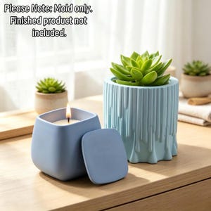 May include: A light blue silicone mold for a square container with a lid and a light blue silicone mold for a cylindrical planter with a vertical drip texture. Text reads: Please Note: Mold only. Finished product not included.