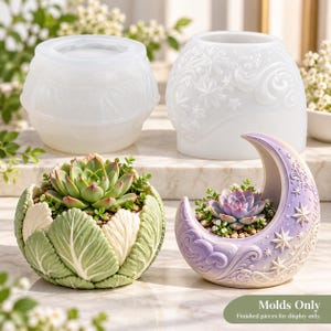May include: Two translucent silicone molds for casting planters, one with a cabbage leaf texture and one with a floral pattern, displayed alongside a finished cabbage-shaped planter and a crescent moon-shaped planter with star details.