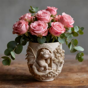 May include: A cream-colored vase with a detailed relief of a dragon, holding a bouquet of pink roses and green eucalyptus leaves. The vase has a textured surface and a whimsical design, perfect for floral arrangements.