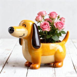 May include: A ceramic dog-shaped planter in shades of yellow and cream, with black accents on the ears and nose. The planter is filled with vibrant pink roses and green foliage, creating a cheerful and decorative piece for home decor.