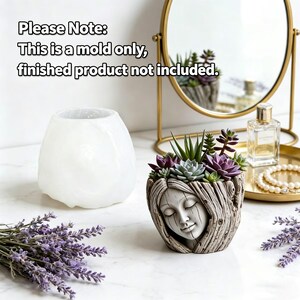 May include: A white silicone mold for a planter, accompanied by a finished gray planter shaped like a face with wood-like texture, containing various succulents. Text reads: Please Note: This is a mold only, finished product not included.