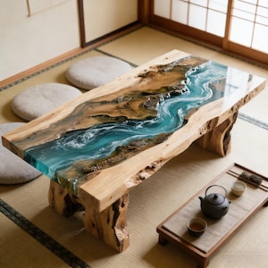 May include: A handcrafted wooden coffee table with a river design. The table features a clear epoxy resin river flowing through the center, with natural wood edges. The river is a vibrant blue and white, creating a unique and artistic piece.