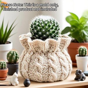 May include: A beige silicone mold shaped like a knit cable-patterned planter with a ruffled top edge. The text "Please Note: This is a mold only, finished product not included" is printed in black at the top of the image.