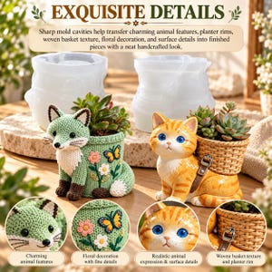 May include: Two silicone molds for planters, one shaped like a fox and one like a cat. The fox planter is green with embroidered flowers and a butterfly. The cat planter is orange with a woven basket texture. Both contain small succulent plants.