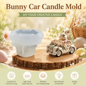 May include: A translucent silicone candle mold shaped like a car with a bunny, accompanied by a finished metallic gold car figurine featuring a bunny driver and floral accents. The text Bunny Car Candle Mold is displayed at the top of the image.