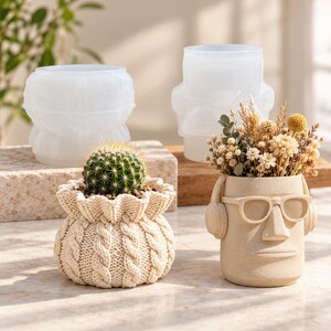 Silicone Planter Molds Set of 2, Knitted Flower Pot Mold and Sunglasses Face Mold for Resin, Plaster, Succulent Pots and Desk Decor