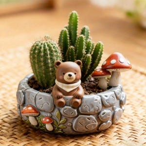 Bear Mushroom Stone Texture Silicone Mold, Woodland Animal Planter for Resin Plaster Clay, DIY Rustic Home Decor Succulent Pot Craft