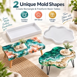 May include: Two white silicone molds for resin tables, one rectangular and one freeform, displayed alongside two finished tables. The rectangular table has a marbled teal and orange surface with wooden legs, while the freeform table features a beach-themed design with teal water, white foam, and sand, supported by black metal legs.