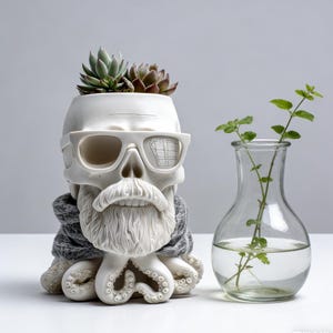 May include: A white skull-shaped planter with sunglasses and a beard, holding succulents. The planter has an octopus base and a gray scarf. A clear glass vase with green stems is next to the planter.
