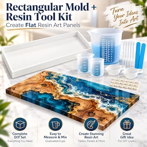May include: A rectangular mold and resin tool kit including a large white silicone tray, graduated measuring cups with ml and fl oz markings, small mixing bowls, plastic pipettes, and blue stir sticks, alongside a finished resin art panel.