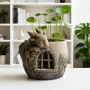 May include: A decorative, beige-colored planter with a sleeping dragon sculpture. The planter features a window design and is filled with green plants. The dragon is detailed with scales and wings, adding a whimsical touch to the garden decor.