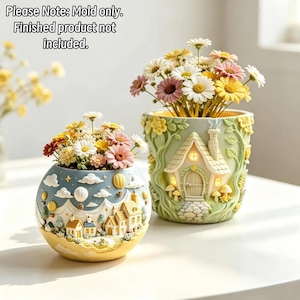 May include: Two silicone molds for planters, one spherical with a village and hot air balloon design, the other cylindrical with a cottage and vine motif. Text reads: Please Note: Mold only. Finished product not included. These are crafting tools.