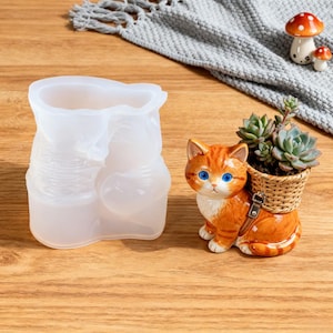 May include: A clear silicone mold for a small planter, next to a ceramic orange tabby cat planter with blue eyes, holding a basket of succulents. A small mushroom figurine is in the background.
