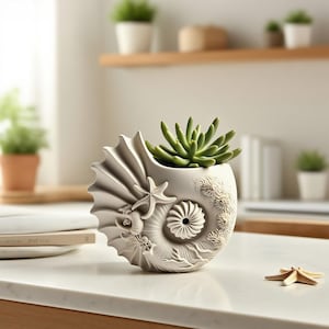 May include: A white seashell-shaped planter with a succulent plant. The planter has detailed relief carvings of starfish, shells, and ocean waves. The succulent is green and leafy. A small starfish is on the surface.