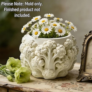 May include: A white silicone mold shaped like a cauliflower head, featuring intricate textured florets across its exterior surface. The text 'Please Note: Mold only. Finished product not included.' is visible at the top of the image.
