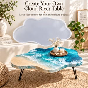 May include: A large, translucent white silicone mold shaped like a cloud, designed for resin art furniture projects. The text "Create Your Own Cloud River Table" and "Large silicone mold for resin art furniture projects" is printed above the mold.