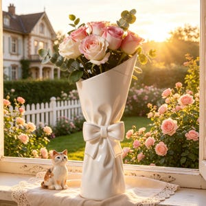 May include: A white ceramic vase shaped like a wrapped bouquet with a sculpted bow at the center, holding a cluster of pink and white roses with green eucalyptus leaves, accompanied by a small ceramic calico cat figurine on a lace doily.