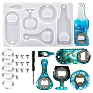 May include: A silicone mold set for bottle openers, including five metal bottle opener inserts, ten small silver screws, and one black screwdriver. Finished resin bottle openers in blue and green shades with gold flakes are displayed.