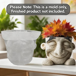 May include: A translucent silicone mold for a planter shaped like a human face, positioned next to a finished beige planter with a smiling expression and autumn-colored leaves. Text reads: Please Note: This is a mold only, finished product not included.