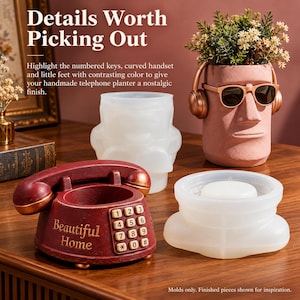 May include: A red telephone-shaped silicone mold with a keypad and the text Beautiful Home, alongside a translucent white silicone mold and a pink planter shaped like a face wearing sunglasses and headphones with a plant inside.