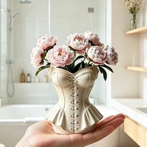 May include: A cream-colored ceramic vase shaped like a corset with a front lace-up detail, filled with a bouquet of light pink peony flowers. The vase features a structured bodice design with a flared peplum hem and gold-toned eyelet accents.
