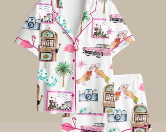 Women’s Las Vegas Bachelorette Cocktail Club Girls Trip Country Club Short Sleeve Satin Pajama Set