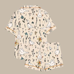 Satin Goose Print Pajama Set – Button-Up Sleepwear, Farm Animal Lounge Loungewear image 2
